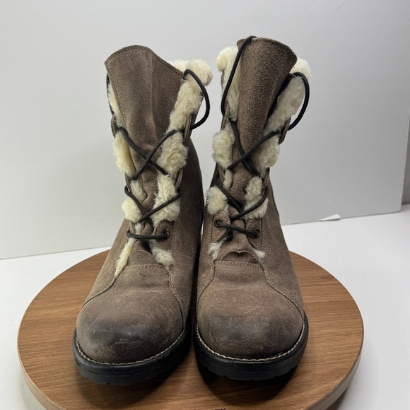 Taos Fur Collar Suede Leather Lace Up Ankle Boots Winter Warm Taupe EU 39 8-8.5 - Picture 8 of 8